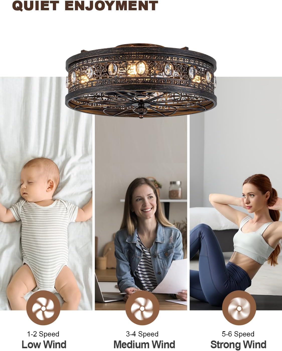 Dawn Whisper Vintage Victorian Caged Flush Mount Ceiling Fans with Lights | Vintage look/French Styling Caged Design with Crystal Accents Ideal Small-Space Flush Mount for Bedroom