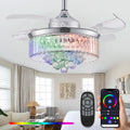 42' RGB Bluetooth Fandelier Ceiling Fan,Crystal LED Chandelier, Retractable Blades 6-Speed Music Player Remote APP Control Silver