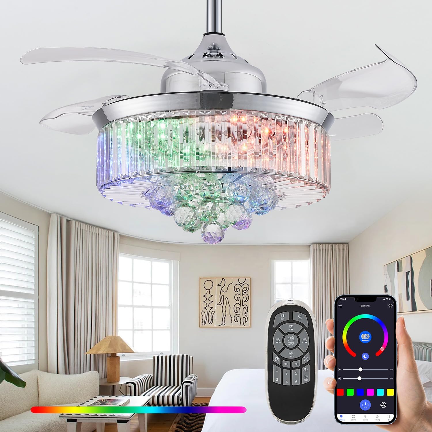 42' RGB Bluetooth Fandelier Ceiling Fan,Crystal LED Chandelier, Retractable Blades 6-Speed Music Player Remote APP Control Silver