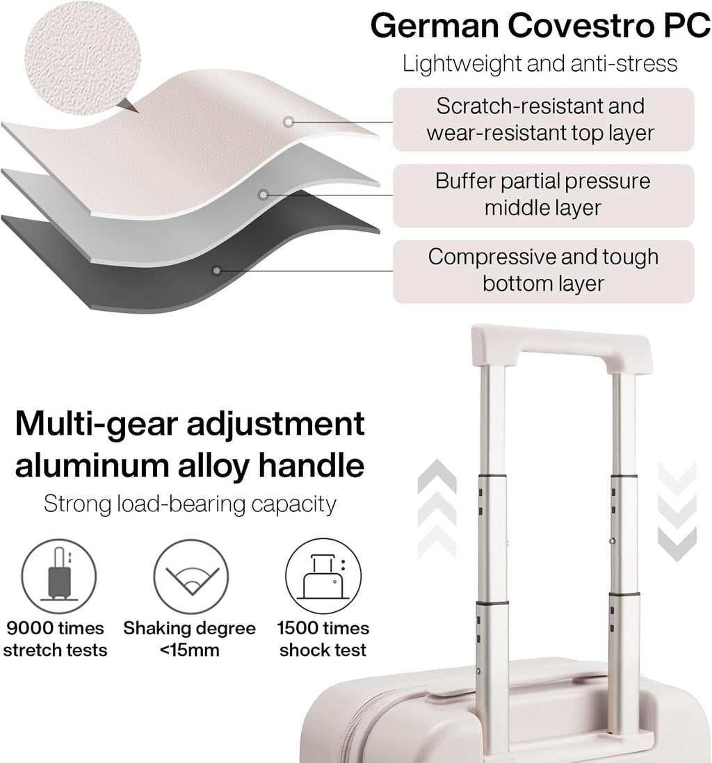 mixi Carry on Luggage, 20'' Suitcase Spinner Wheels Luggage Hardshell Lightweight Rolling Suitcases PC with Cover & TSA Lock for Business Travel, Off White（Slight Pink）