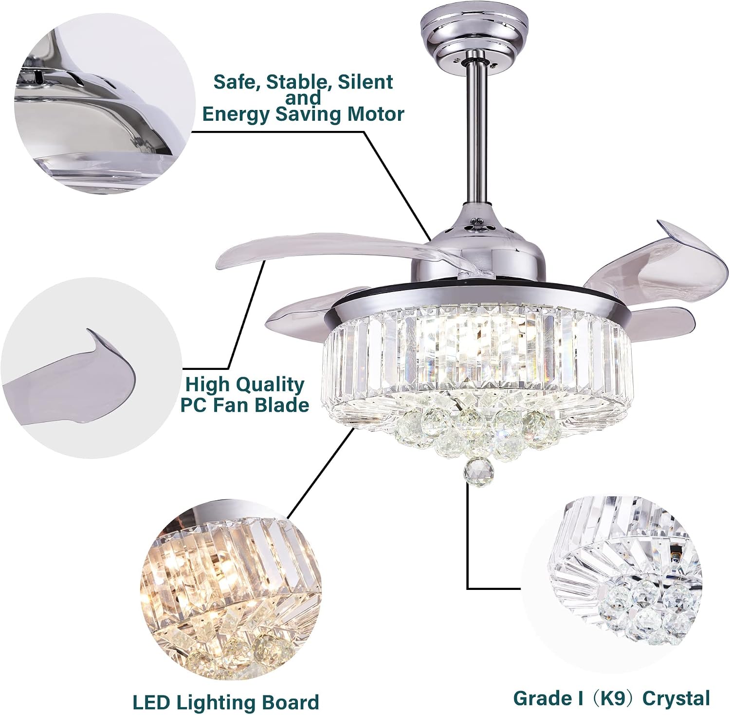 DuMaiWay 48' Chandelier Ceiling Fan with Lights, Fandelier, Retractable Crystal Ceiling Fan Chandelier with Remote Control LED Light for Bedroom Living Room Polished Chrome Silver 6 Speed 3 Light