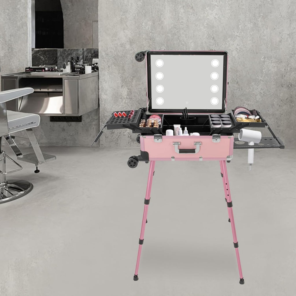 Rolling Makeup Train Case with Portable Makeup Vanity, Professional Protable Aluminum Alloy Trolley Salon Station with 3 Light Color for Women and Girls