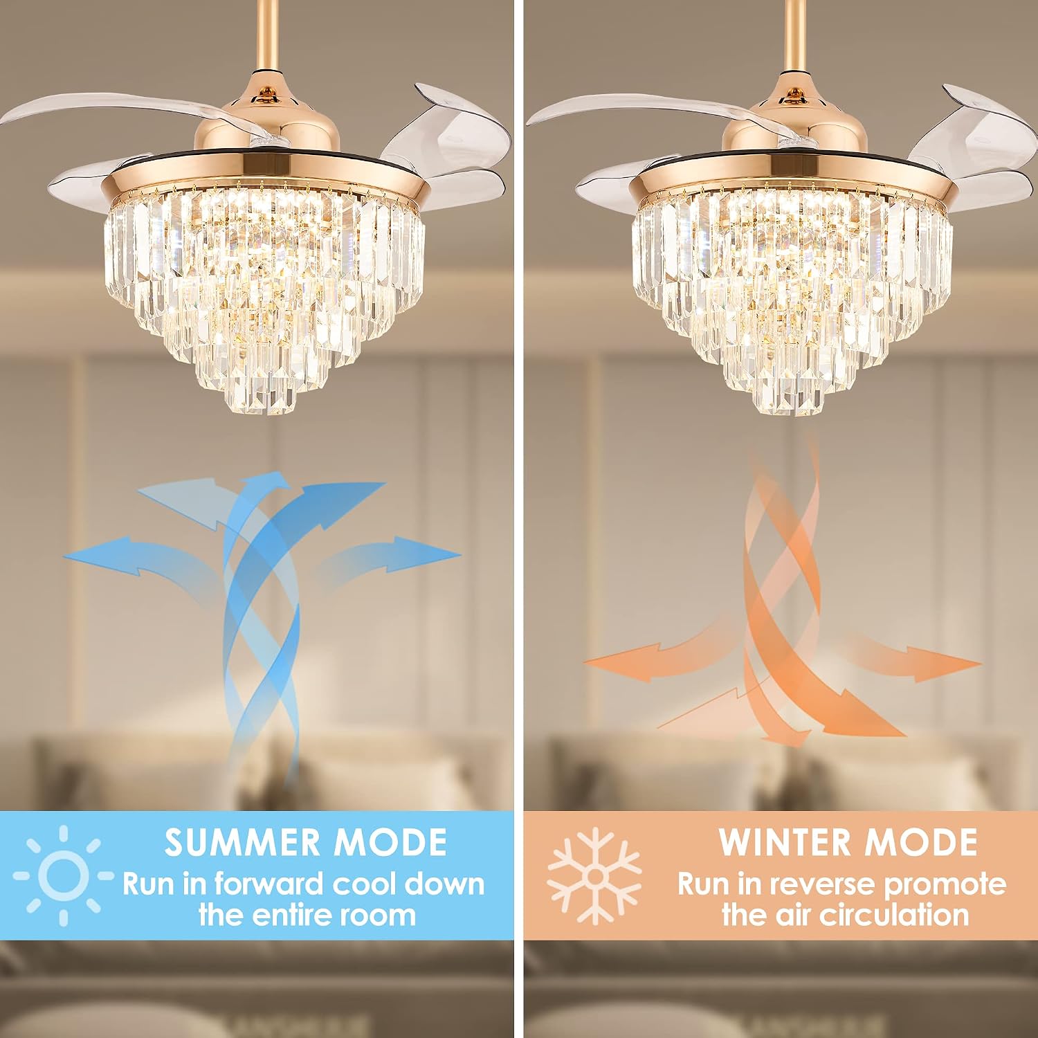 Finktonglan 36' Gold Crystal Flush Mount Fandelier Ceiling Fan with Light, Retractable Blades, Dimmable 72W LED, Remote & App Control, Quiet Reversible Motor, 6 Speeds for Bedroom/Living Room