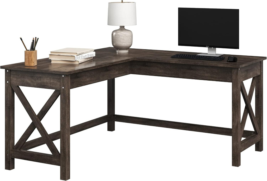 Lavish Home 59' L-Shaped Desk – Corner Computer Desk for Home Office, Space-Saving Workstation with X-Frame Legs, Writing or Craft Desk for Small Spaces (Dark Gray)