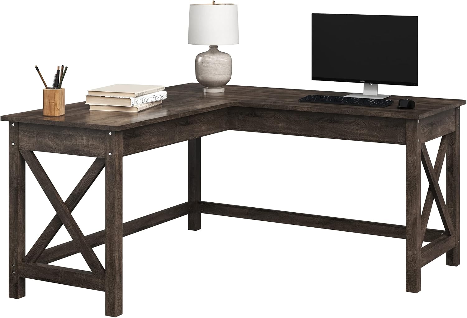 Lavish Home 59' L-Shaped Desk – Corner Computer Desk for Home Office, Space-Saving Workstation with X-Frame Legs, Writing or Craft Desk for Small Spaces (Dark Gray)