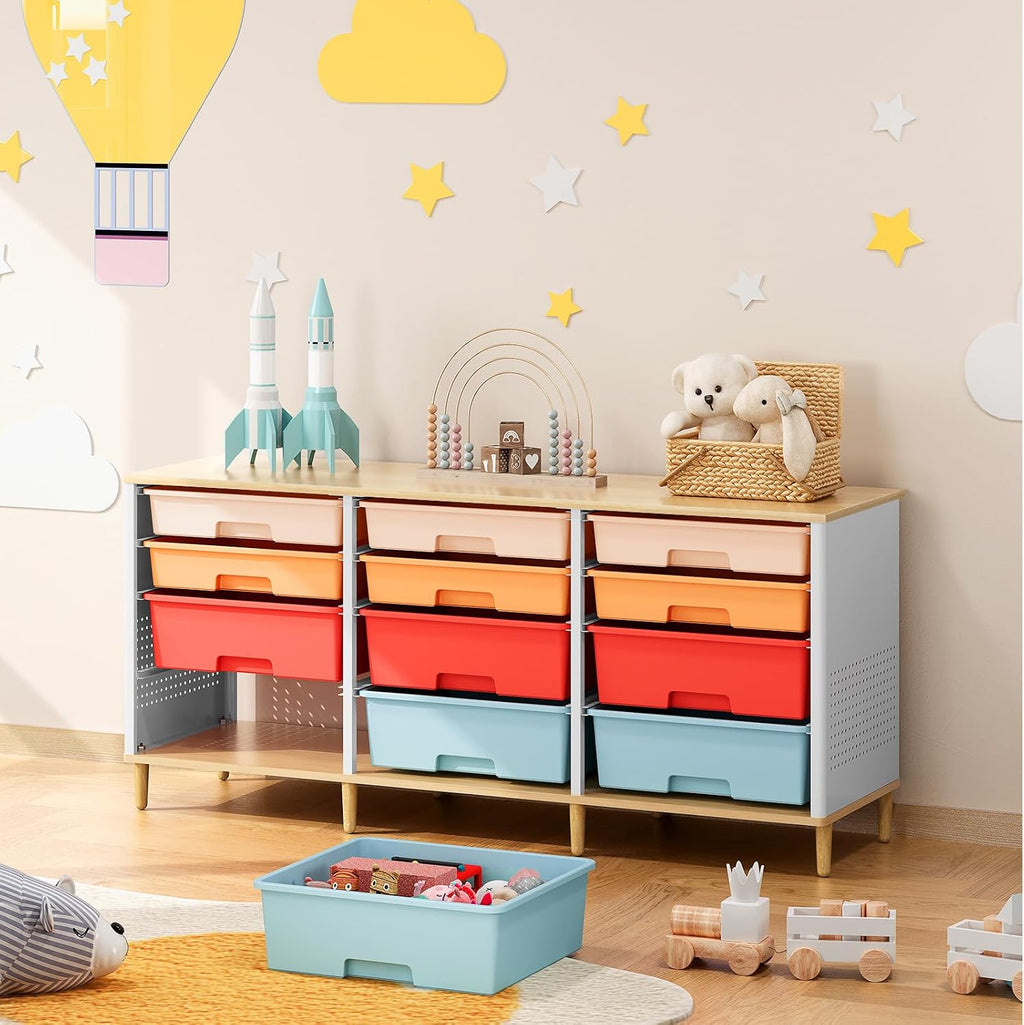 12 Drawers Storage Cabinet with Wooden Top and Plastic Bins, Toy Storage Organizer Toy Shelf Storage Chest Cubby Organizer for Home, Office, Playroom, Classroom & Craft Room Storage (Multicolored)
