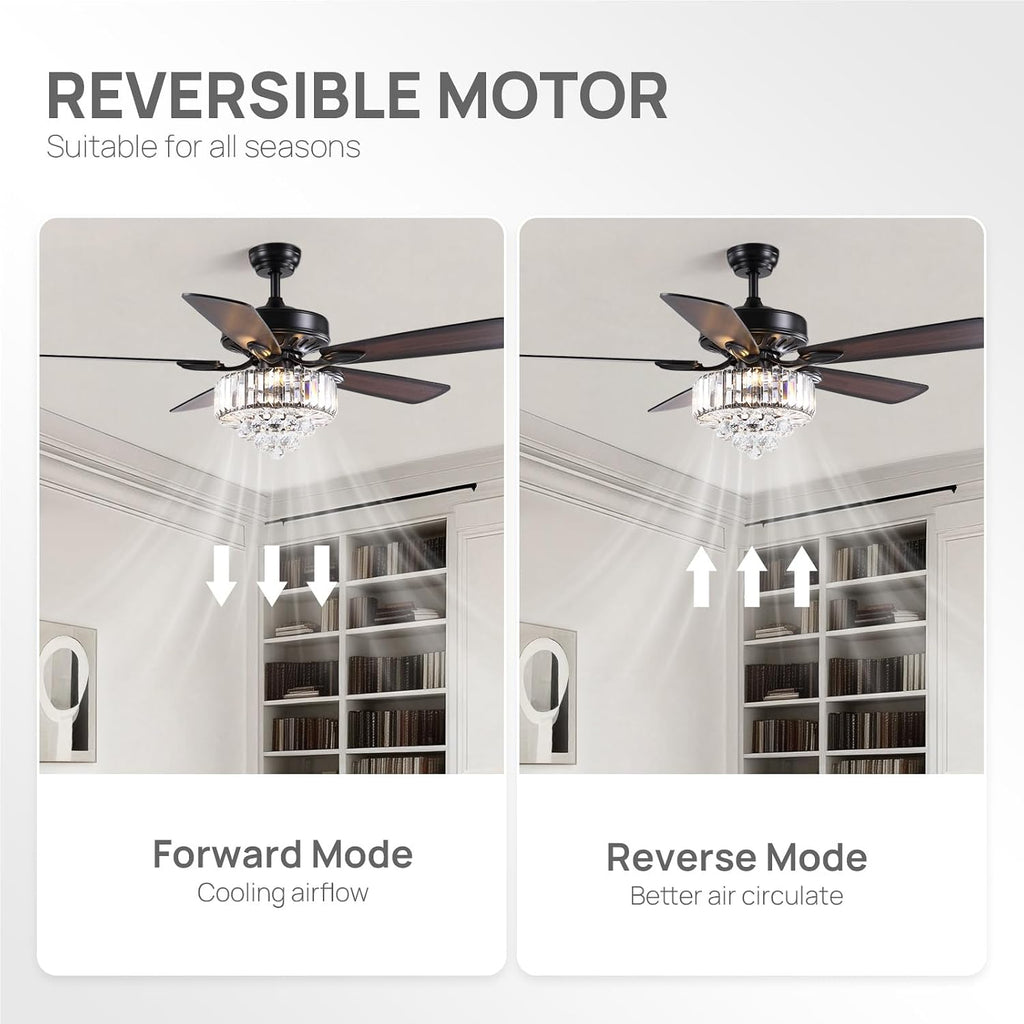 52 Inch Crystal Ceiling Fan with Lights and Remote Modern Black Chandelier Fan for Bedroom 5 Reversible Wood Blades Silent DC Motor Fandelier Ceiling Fans for Living Room Dining Room