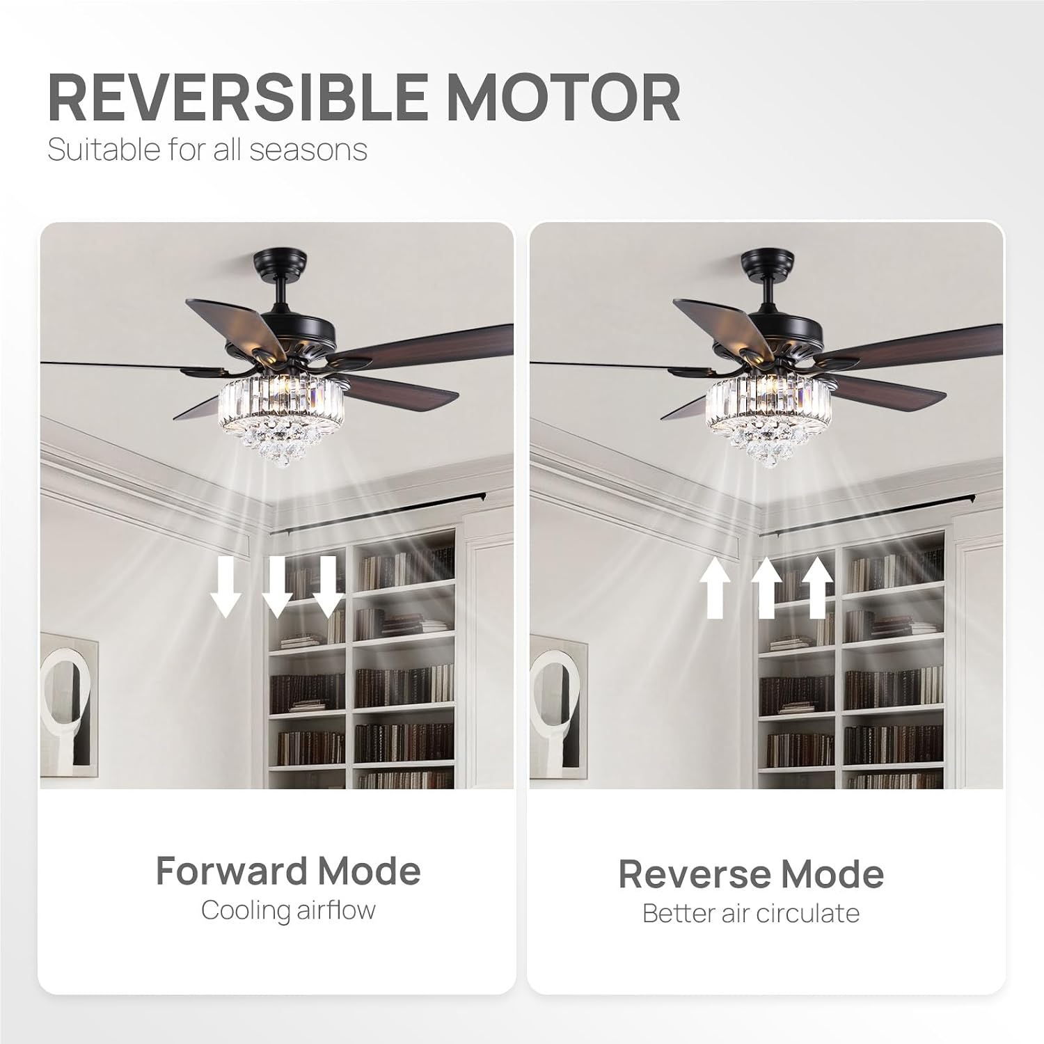 52 Inch Crystal Ceiling Fan with Lights and Remote Modern Black Chandelier Fan for Bedroom 5 Reversible Wood Blades Silent DC Motor Fandelier Ceiling Fans for Living Room Dining Room