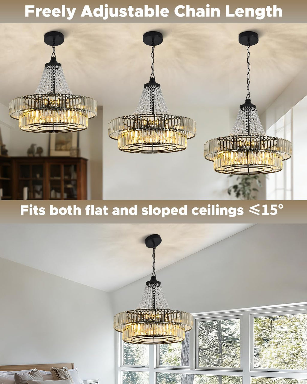 24 Inch Crystal Caged Double Layer Fandelier, Large Modern Chandelier Ceiling Fan with Light and Remote, Luxury Fandelier for Living Room, Bedroom, Reversible DC Motor, Height-Adjustable (Black)