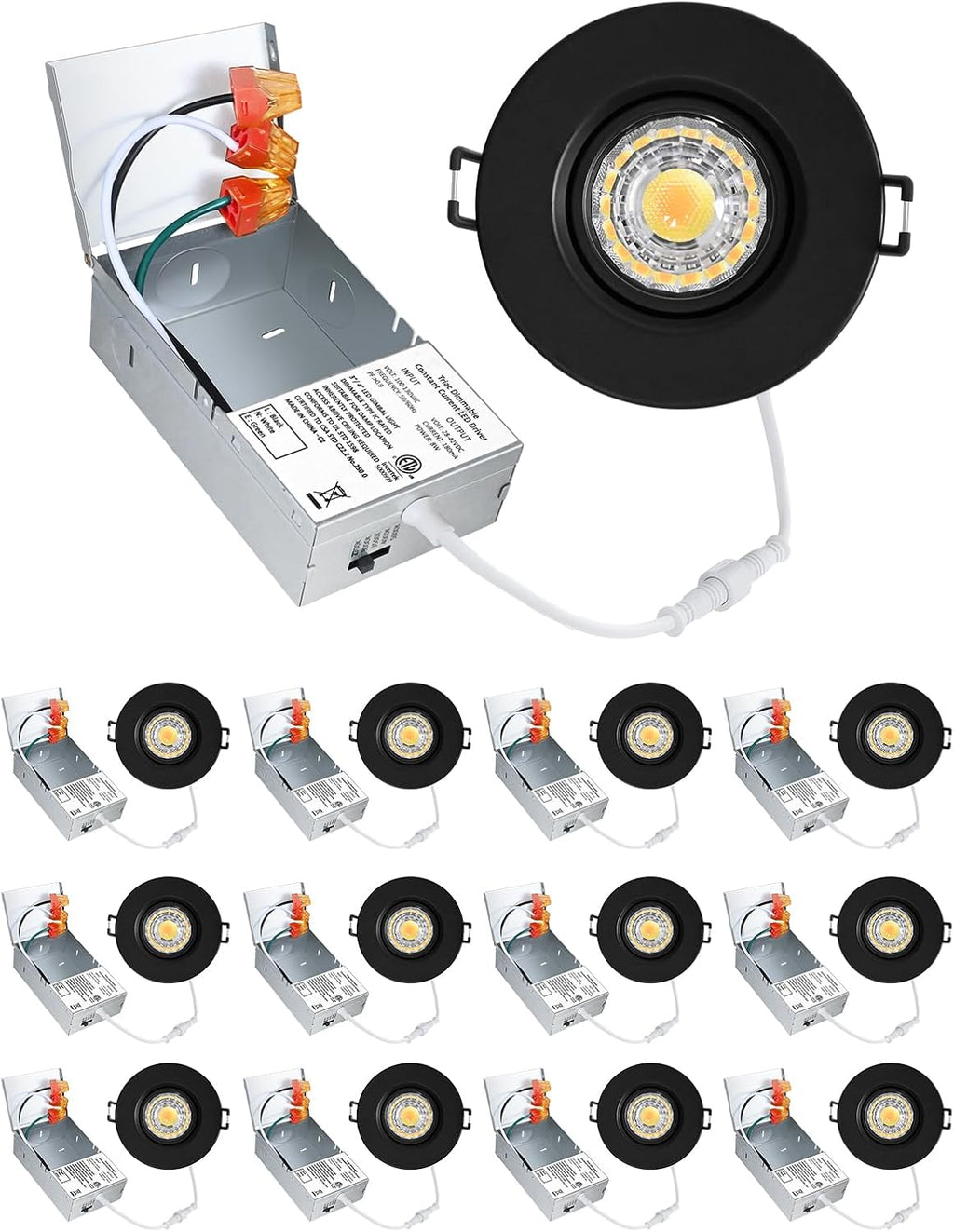 POPANU Premium 3-Inch Gimbal LED Recessed Light Canless Downlight Rotatable Spotlight with Junction Box, Eyeball Ceilling Potlight, Dimmable, 8W 5CCT Adjustable, Black Round Trim, 12 Pack