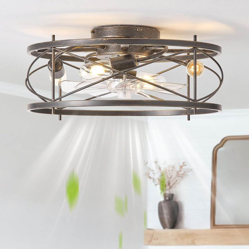 20' Rustic Ceiling Fan with Light Flush Mount, Farmhouse Caged Ceiling Fans with Lights and Remote, Bladeless Low Profile Ceiling Fan with 6 Speeds for Bedroom, Living Room, Nursery