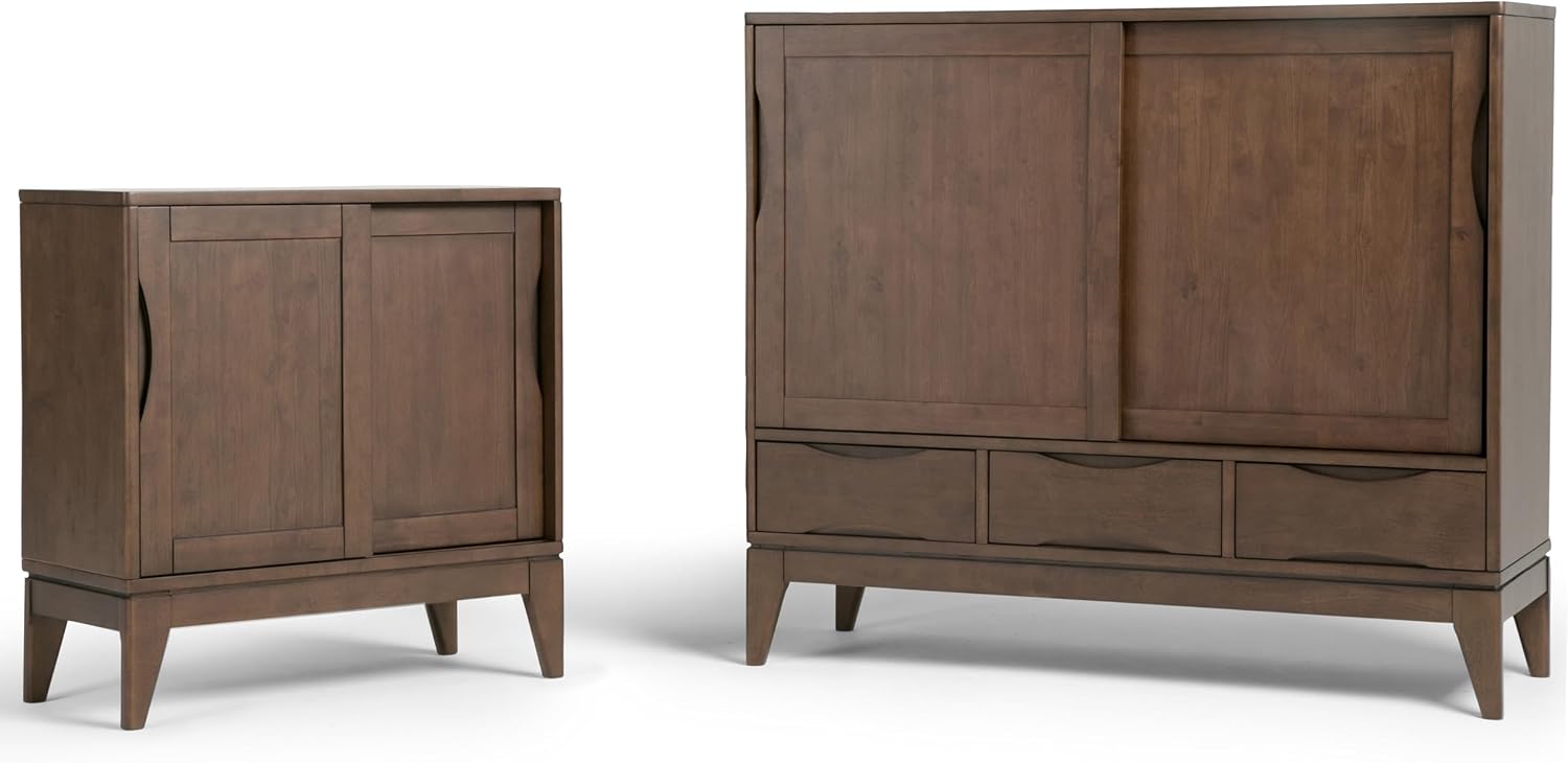 SIMPLIHOME Harper Storage Cabinet - 30 inch Wide Solid Hardwood 2-Shelf Low Console Cabinet in Walnut Brown, Mid-Century Modern Cupboard for Living Room with Sliding Doors and Adjustable Shelves