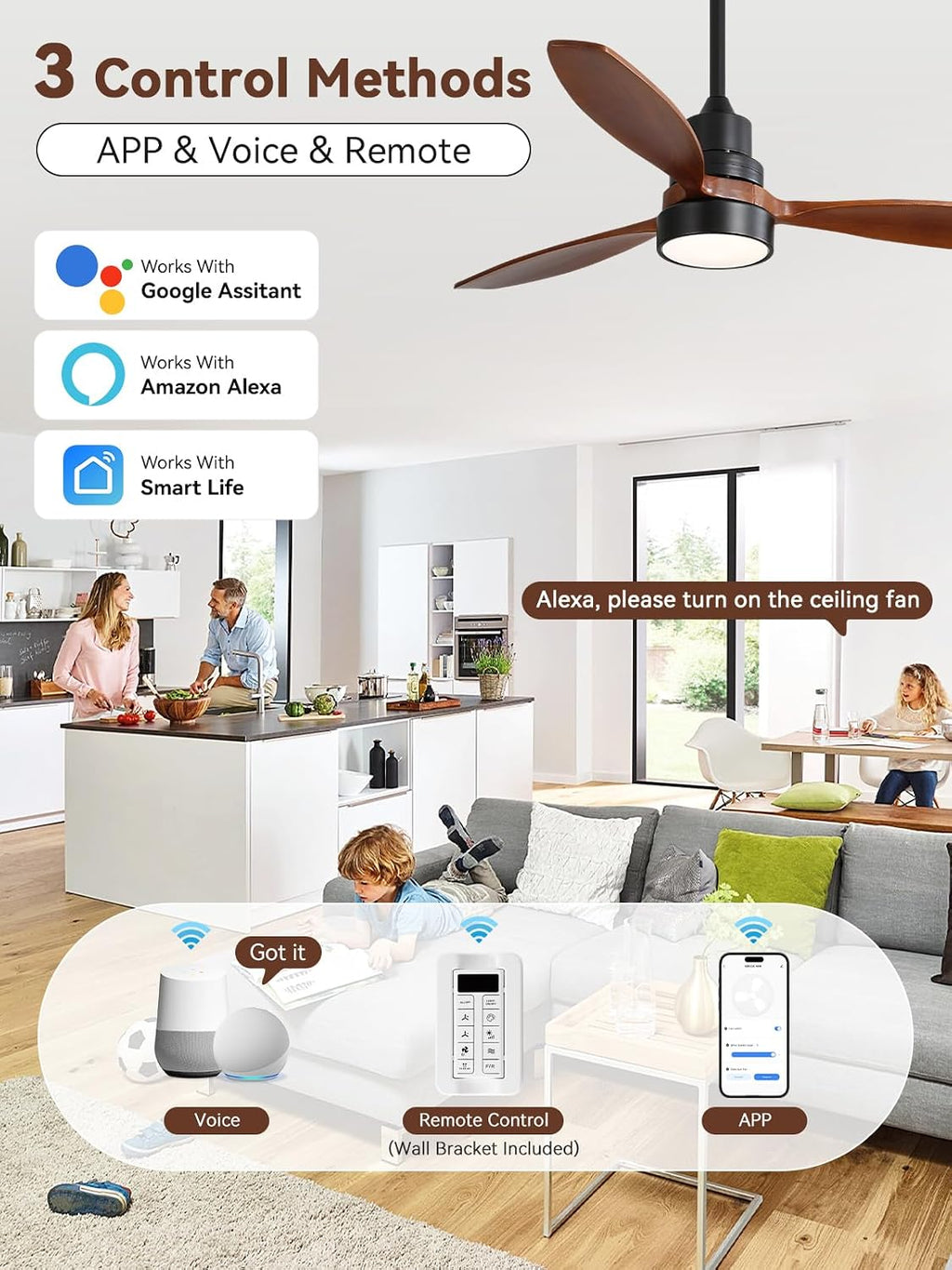 Sofucor 52 Inch Smart Ceiling Fans no Light, 3 Blade Wood Ceiling Fan Works with Remote/App/Alexa/Google, for Indoor Bedroom Living Room Outdoor Patio Porch, Brown