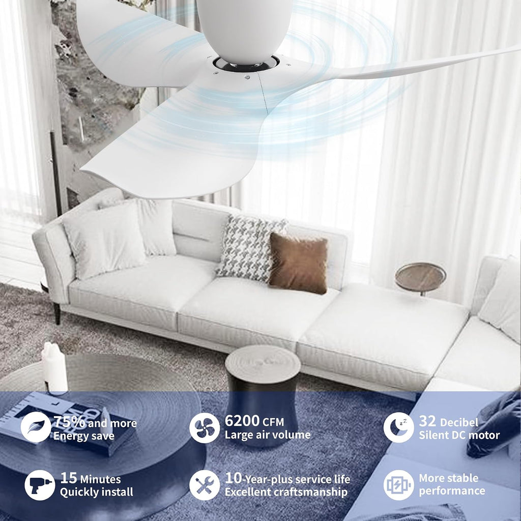 52' White Flush Mount Ceiling Fan with Remote, No Light | Modern Low-Profile, Heat Resistant ABS Blades, 6-Speed Reversible Quiet DC Motor for Balcony, Living Room, Bedroom