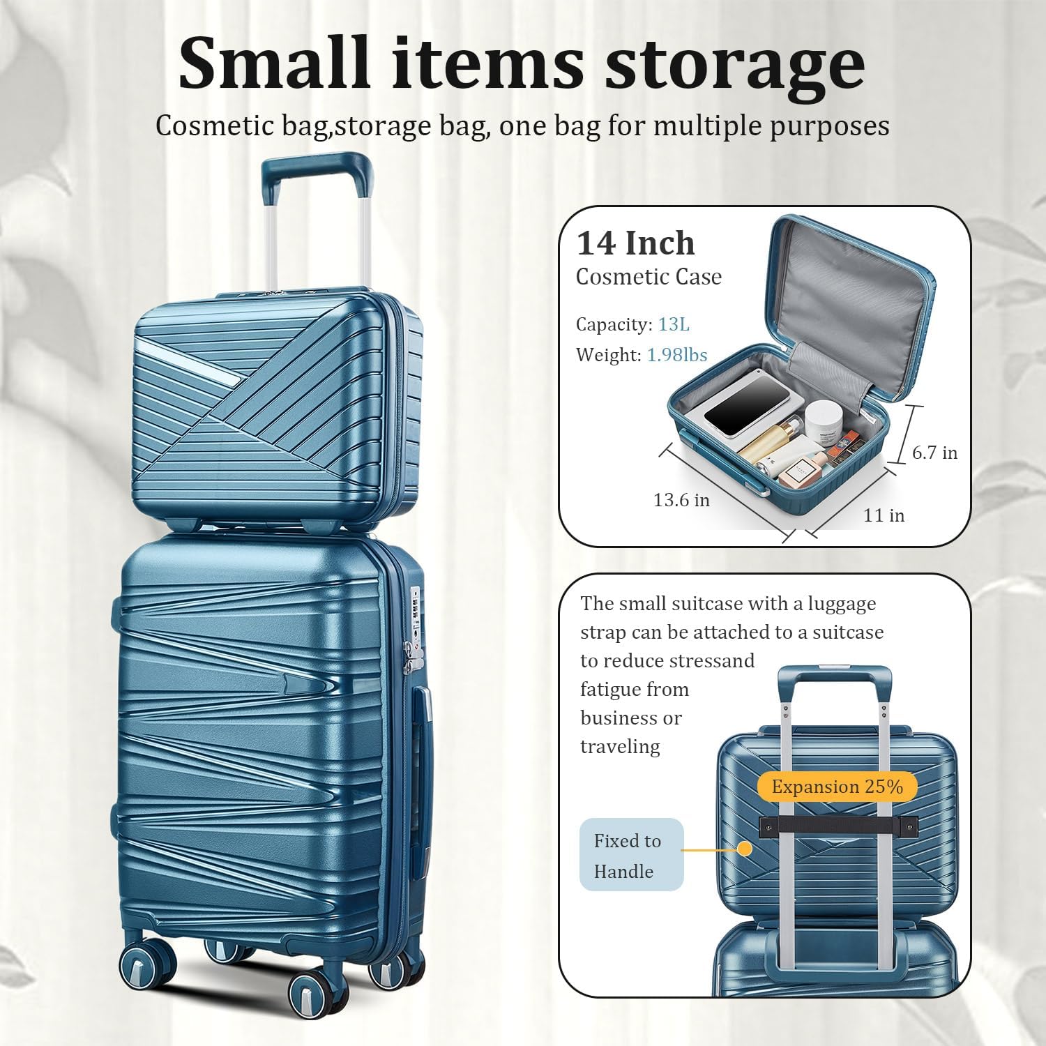 TRAVELEO 4 Piece Luggage Set PP Hardshell, Expandable Suitcase Set (20/24/28) with 14' Cosmetic Case, Lightweight Spinner Wheels with TSA Lock, Detachable Wheels for Nesting Storage (Peacock Blue)