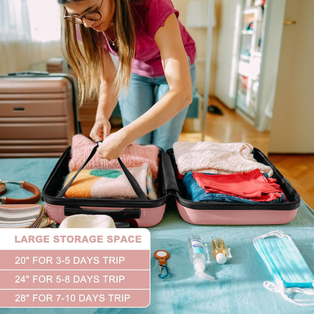 Kono 4 Piece Luggage Sets Expandable(only 28') with Spinner Wheels TSA Lock Lightweight PC+ABS Hardside Travel Rolling Suitcases 20in 24in 28in Carry on and 12in Mini Cosmetic Case Nude/Rose Pink