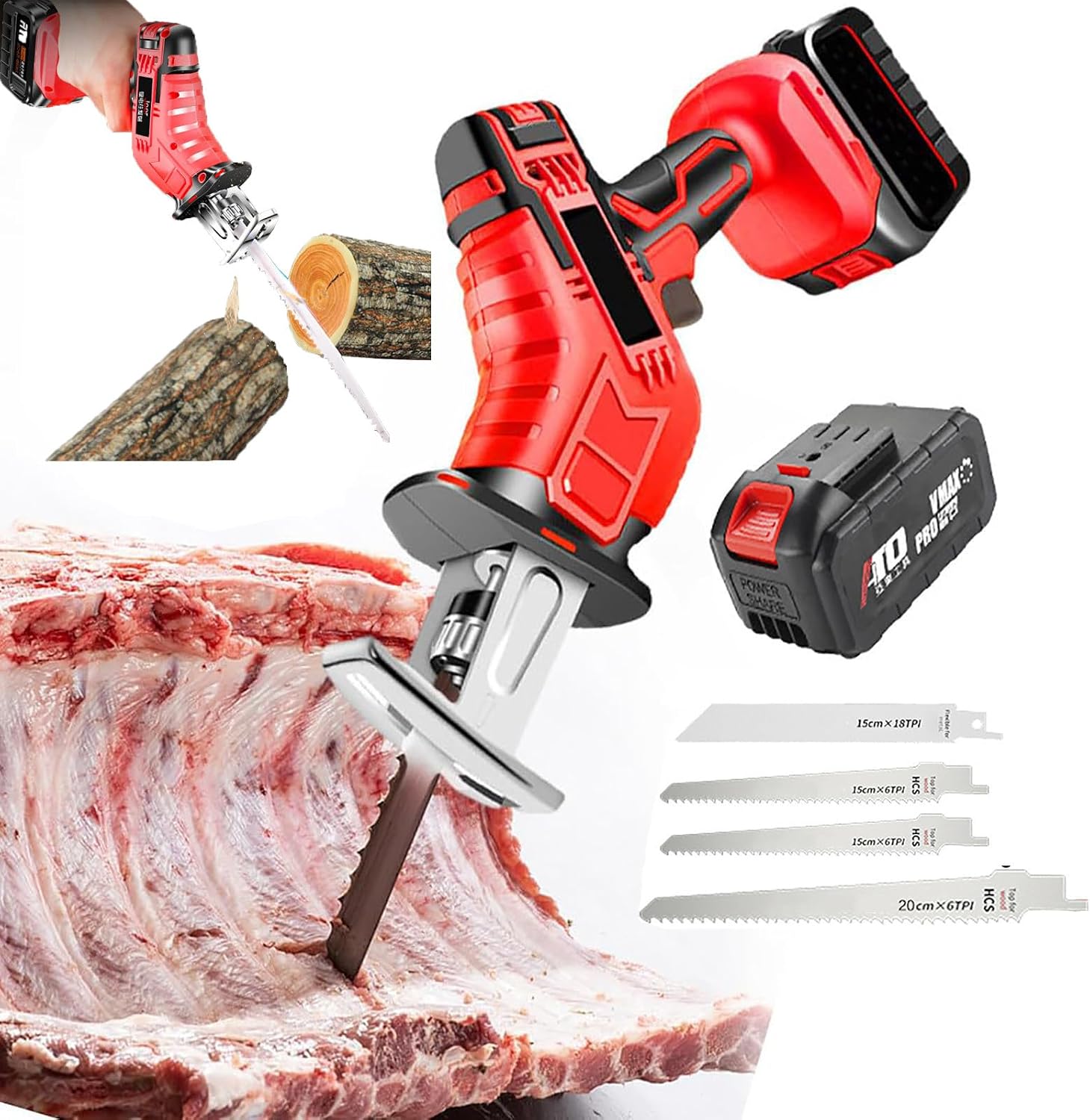 Handheld Electric Bone Saw - LED Light + 4 Saw Blades, Cordless Reciprocating Saw - 6.0Ah Lithium Battery Powered, for Bones, Meat, Wood, Metal, Plastic