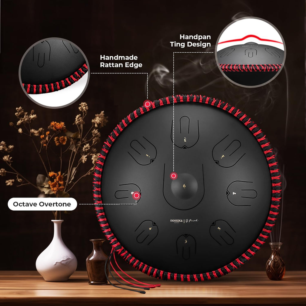 Moozica Steel Handpan Tongue Drum, 14 Inches 17 Notes in D Minor with Octave Overtone Design, Handpan Drum Percussion Instrument With Carry Bag (D-Kurd, Black)
