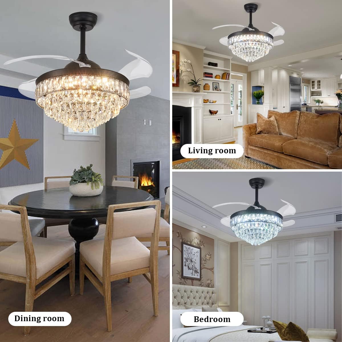 CLAIRDAI 42'' Crystal Fandelier Ceiling Fan with Lights, Stepless Dimmable LED Chandelier Fan, Retractable Blades, Remote & APP Control, 6-Speed Flush Mount for Bedroom Living Room Dining Room
