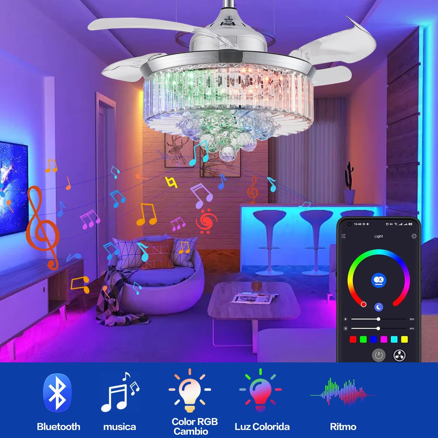 42' RGB Bluetooth Fandelier Ceiling Fan,Crystal LED Chandelier, Retractable Blades 6-Speed Music Player Remote APP Control Silver