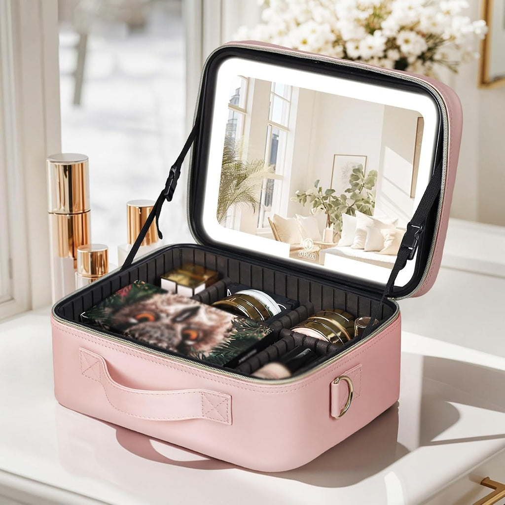 HJXGQJM Travel Makeup Bag with Led Light Mirror, Large Capacity Cosmetic Organizer Vanity Travel Case for Make Up with Adjustable Compartment，Tri-Colour Light Source