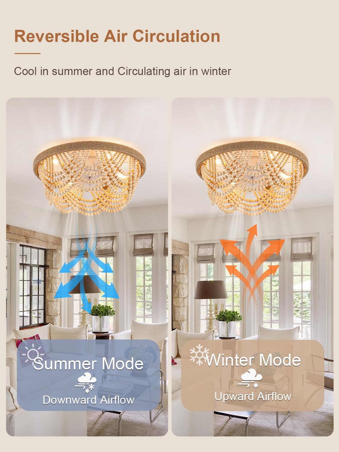 20' Boho Fandelier Ceiling Fan with Light, Flush Mount Low Profile Ceiling Fan Handcrafted Beaded for Bedroom, Living Room