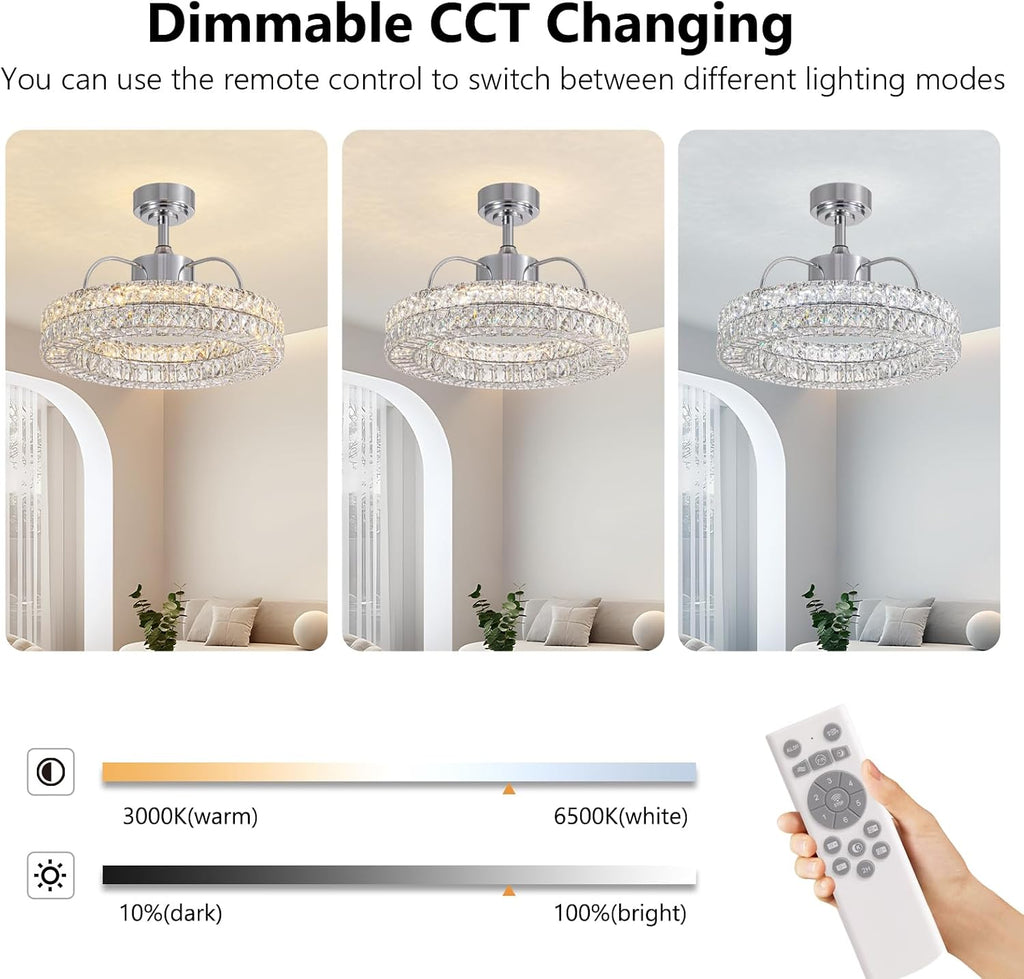 LUDOMIDE Crystal Ceiling Fans with Lights, 21' Fandelier Ceiling Fan with Light and Remote 6-Speed Wind, Dimmable LED, Chandelier Ceiling Fan for Bedroom Dining Room Living Room