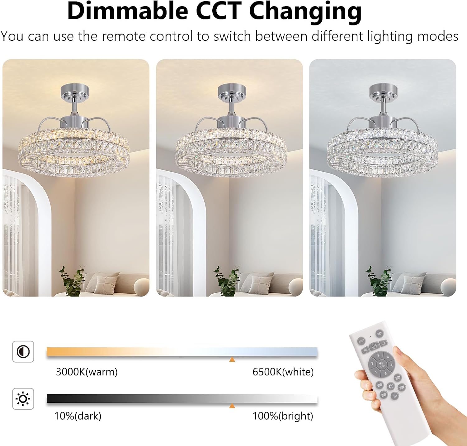 LUDOMIDE Crystal Ceiling Fans with Lights, 21' Fandelier Ceiling Fan with Light and Remote 6-Speed Wind, Dimmable LED, Chandelier Ceiling Fan for Bedroom Dining Room Living Room
