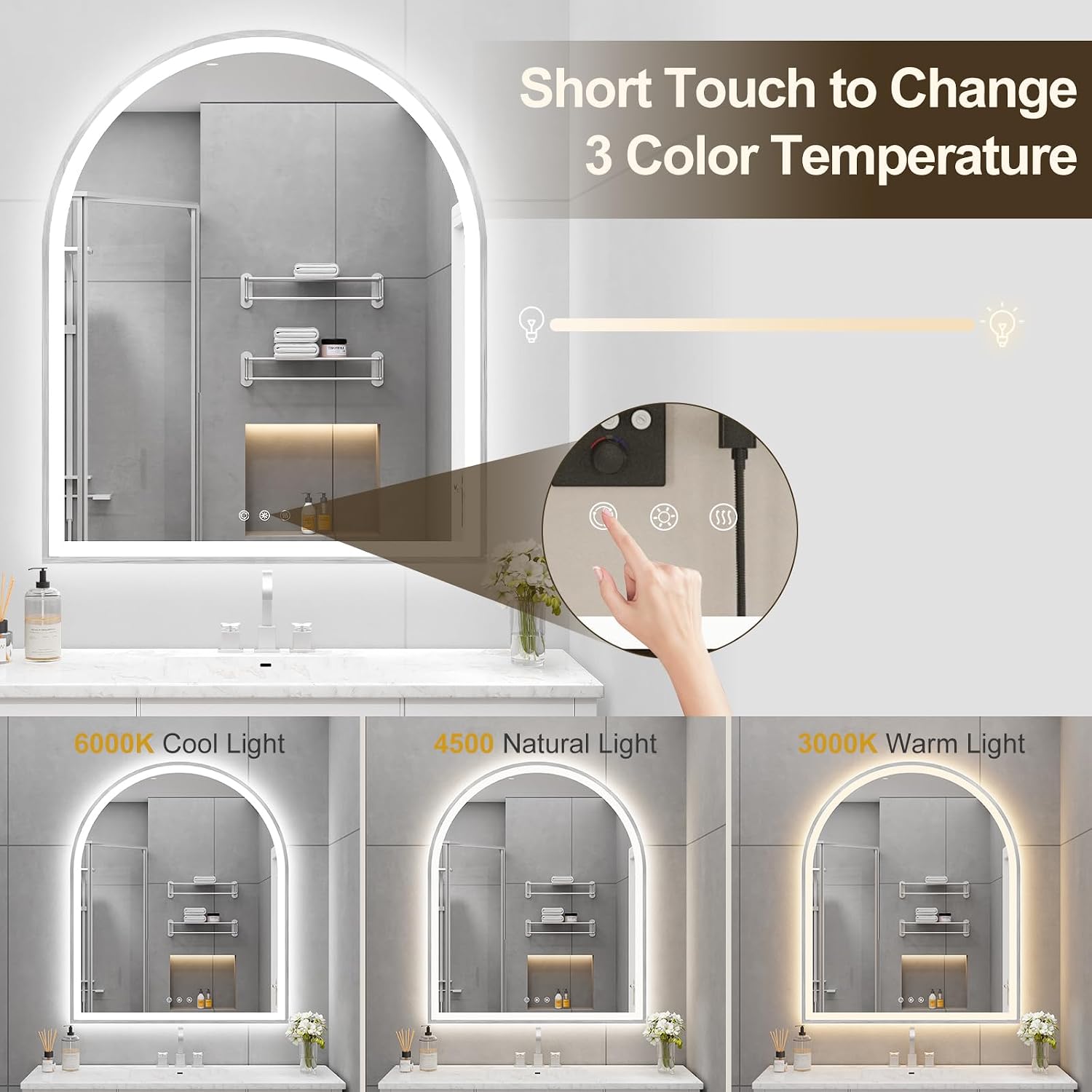 Arched LED Mirror for Bathroom 30'x36', Silver LED Bathroom Mirror with Lights-Fogless, Dimmable, 3 Color Changing, Touch Sensor