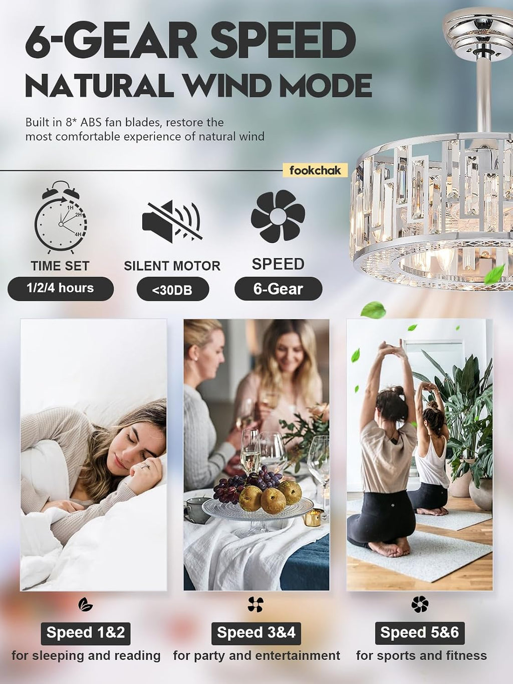 Modern Chrome Caged Ceiling Fan with Light for Bedroom Crystal Ceiling Light Fixture with Fan Bladeless Crystal Chandelier with Fan 18' Fandelier for Kitchen Hallway Dining Room