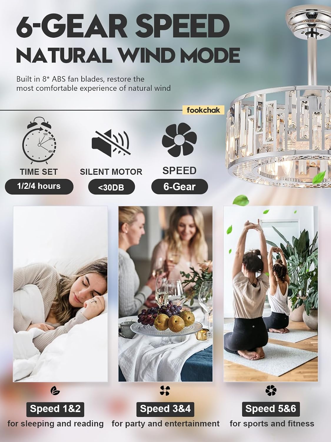 Modern Chrome Caged Ceiling Fan with Light for Bedroom Crystal Ceiling Light Fixture with Fan Bladeless Crystal Chandelier with Fan 18' Fandelier for Kitchen Hallway Dining Room