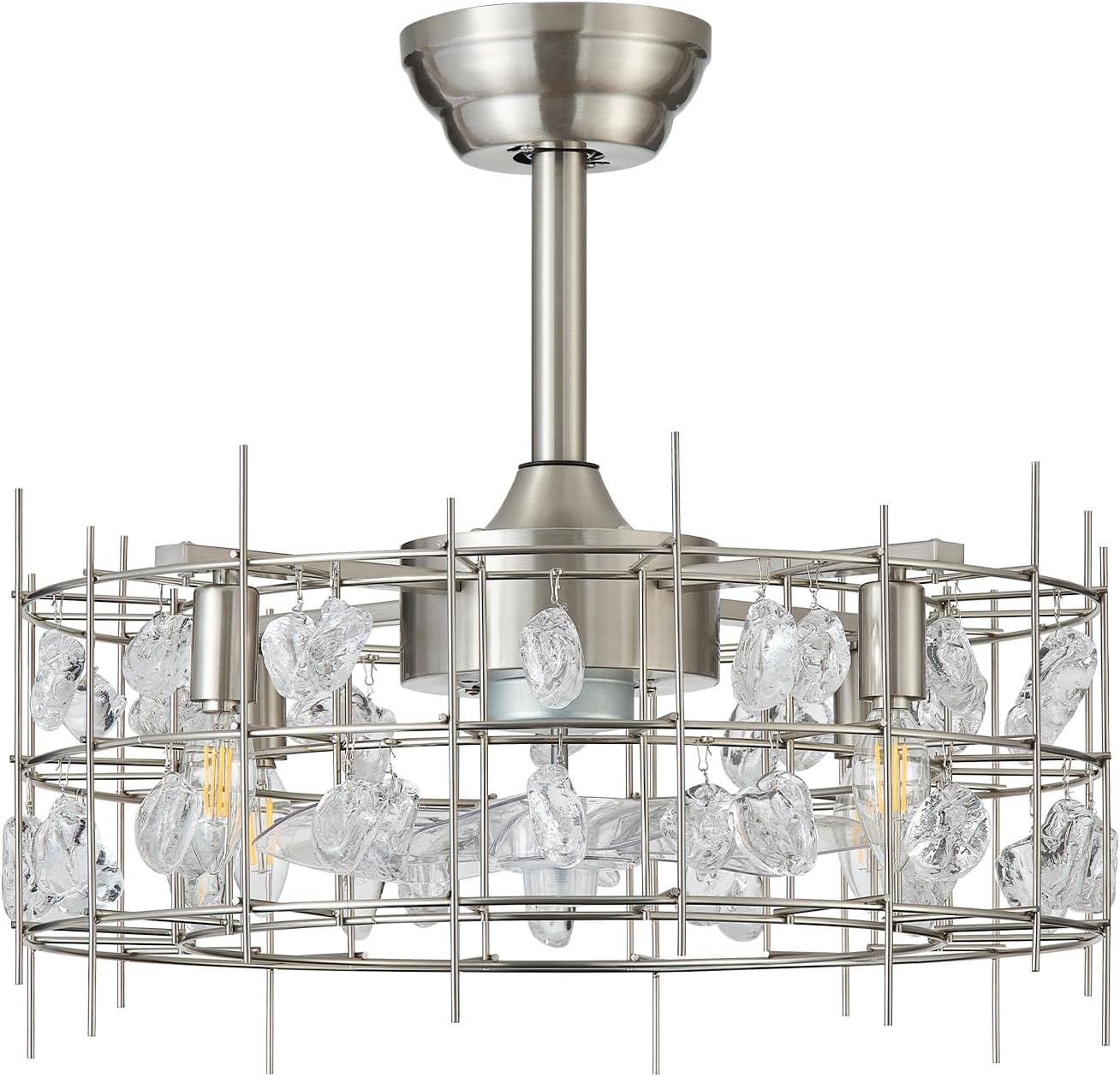20' Silver Crystal Chandelier Ceiling Fans, Silver Crystal Fandelier Ceiling Fan with Lights Caged, Remote Control 6 Speed for Living Room, Bedroom, Dining Room
