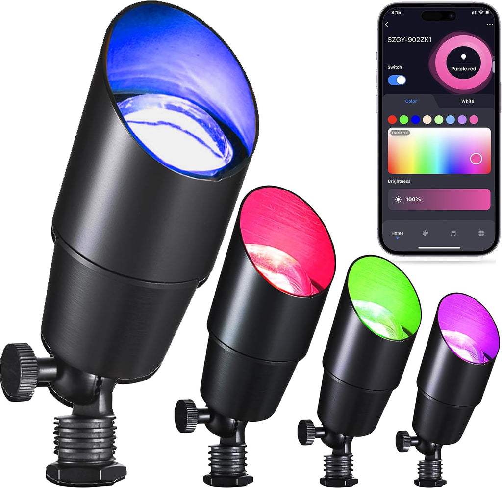 RGB+CCT Low Voltage Outdoor Landscape Lighting with Color Changing,IP65 Waterproof Uplights for Garden and Yard,12V Low Voltage Spotlights,Heavy Duty Accent Fixtures,Remote/APP Control