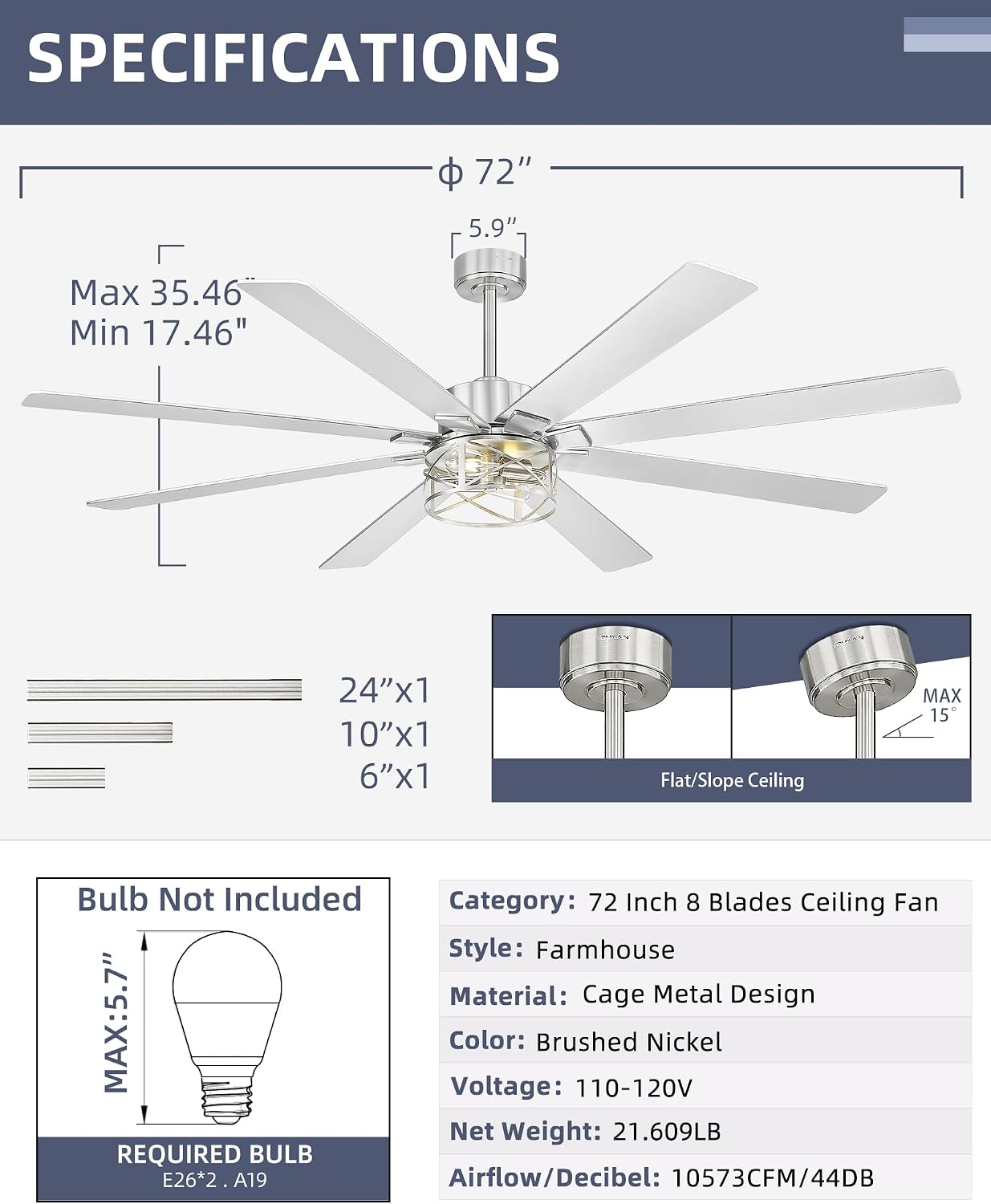 YOUKAIN Ceiling Fans with Lights, 72 Inch Farmhouse Ceiling Fan with Light and Remote, 8-Reversible, Brushed Nickel Finish, Indoor/Outdoor Ceiling Fans for Living Room, Bedroom, 72-YJ632-BNW