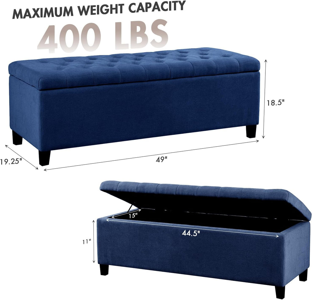 Madison Park 49' Upholstered Storage Bench, Button Tufted End of Bed Bench with Storage, Dual Spring Soft-Close Lid, Bedroom Bench for Queen King Bed, Entryway Living Room, Navy