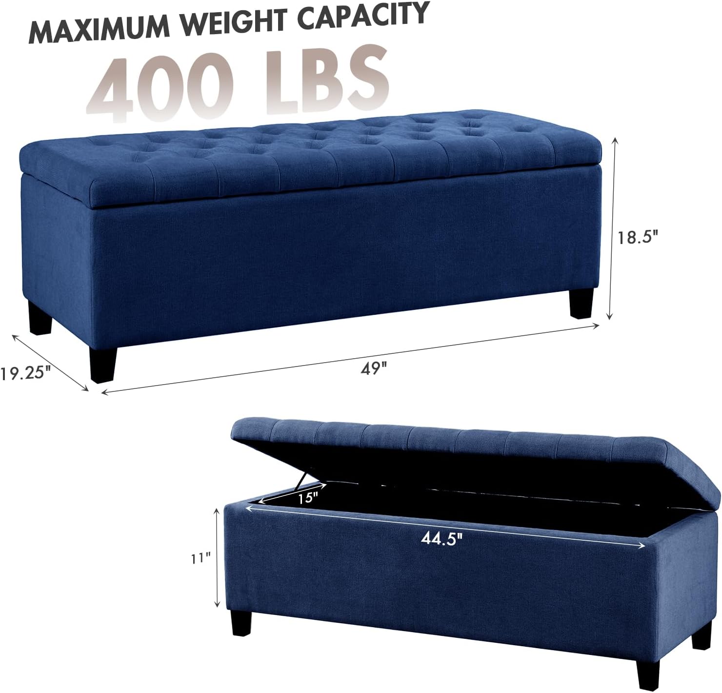 Madison Park 49' Upholstered Storage Bench, Button Tufted End of Bed Bench with Storage, Dual Spring Soft-Close Lid, Bedroom Bench for Queen King Bed, Entryway Living Room, Navy