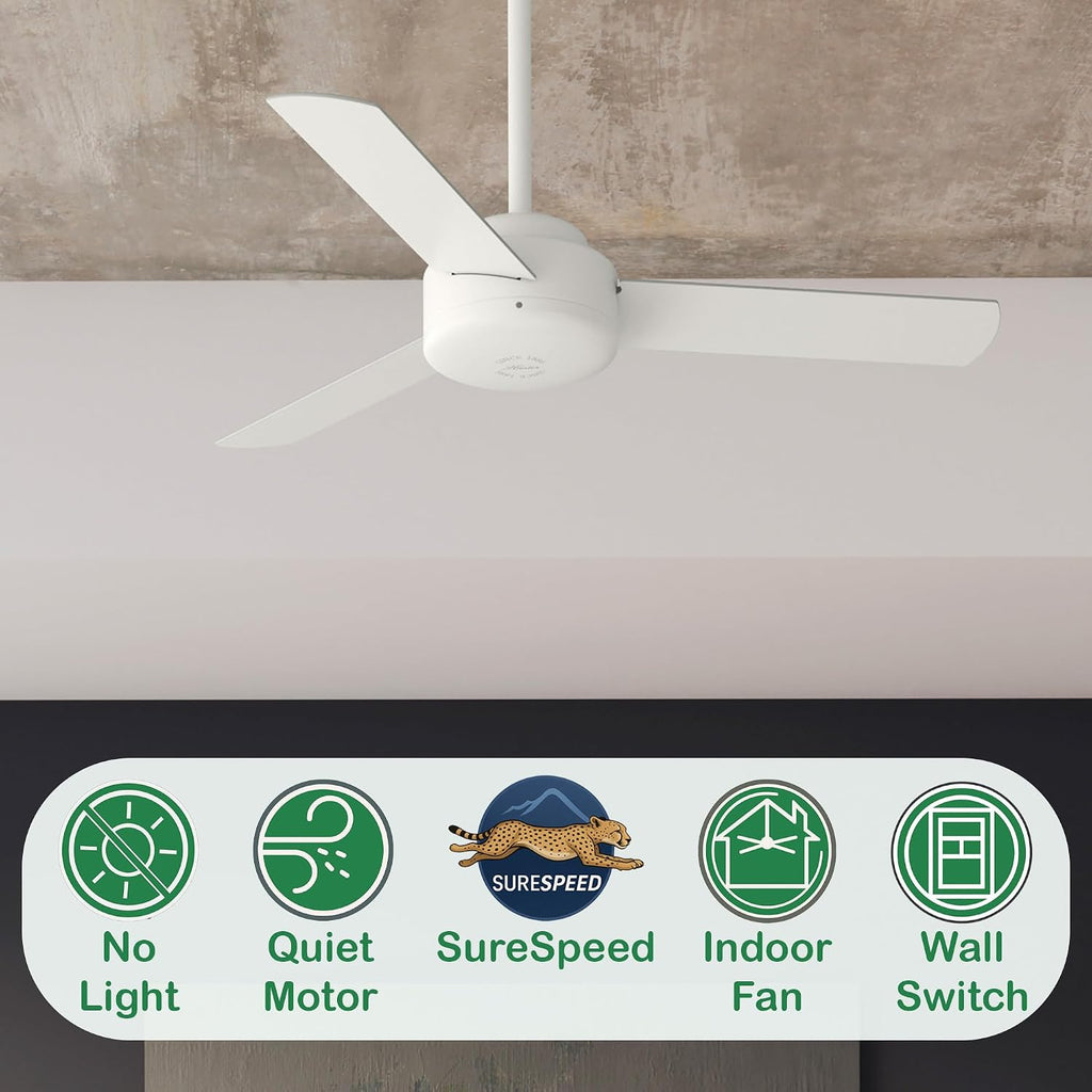Hunter Fan 44 inch Indoor Ceiling Fan with No Light, White Ceiling Fan, 3 Blades, For Kids Room, Home Office, Living Room or Kitchen (Renewed)