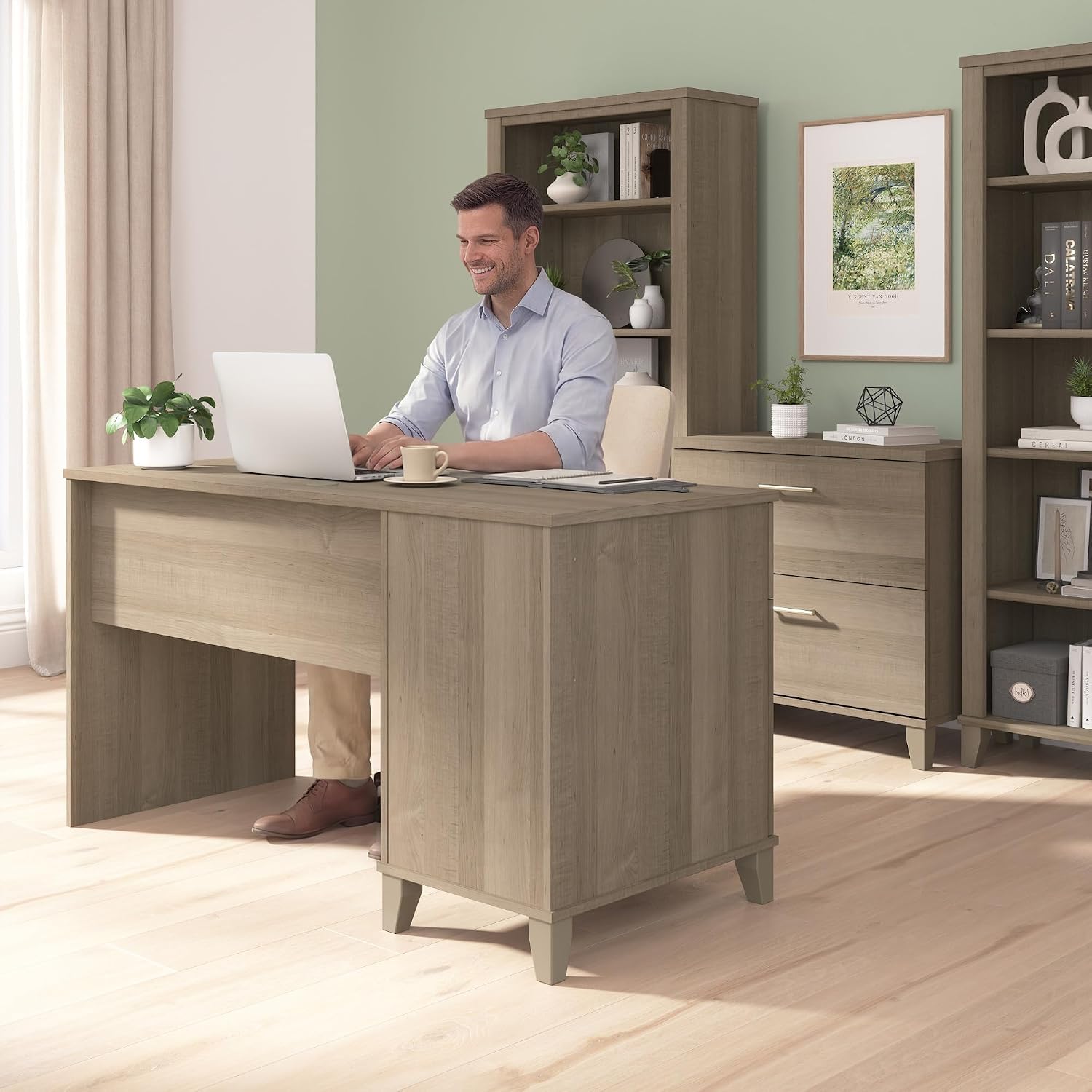 Bush Home 54-Inch Office Desk with Drawer and Storage Cabinet, Computer Desk with Box Drawer and Adjustable Shelf, Home Office Workstation Furniture, Somerset Collection, Ash Gray