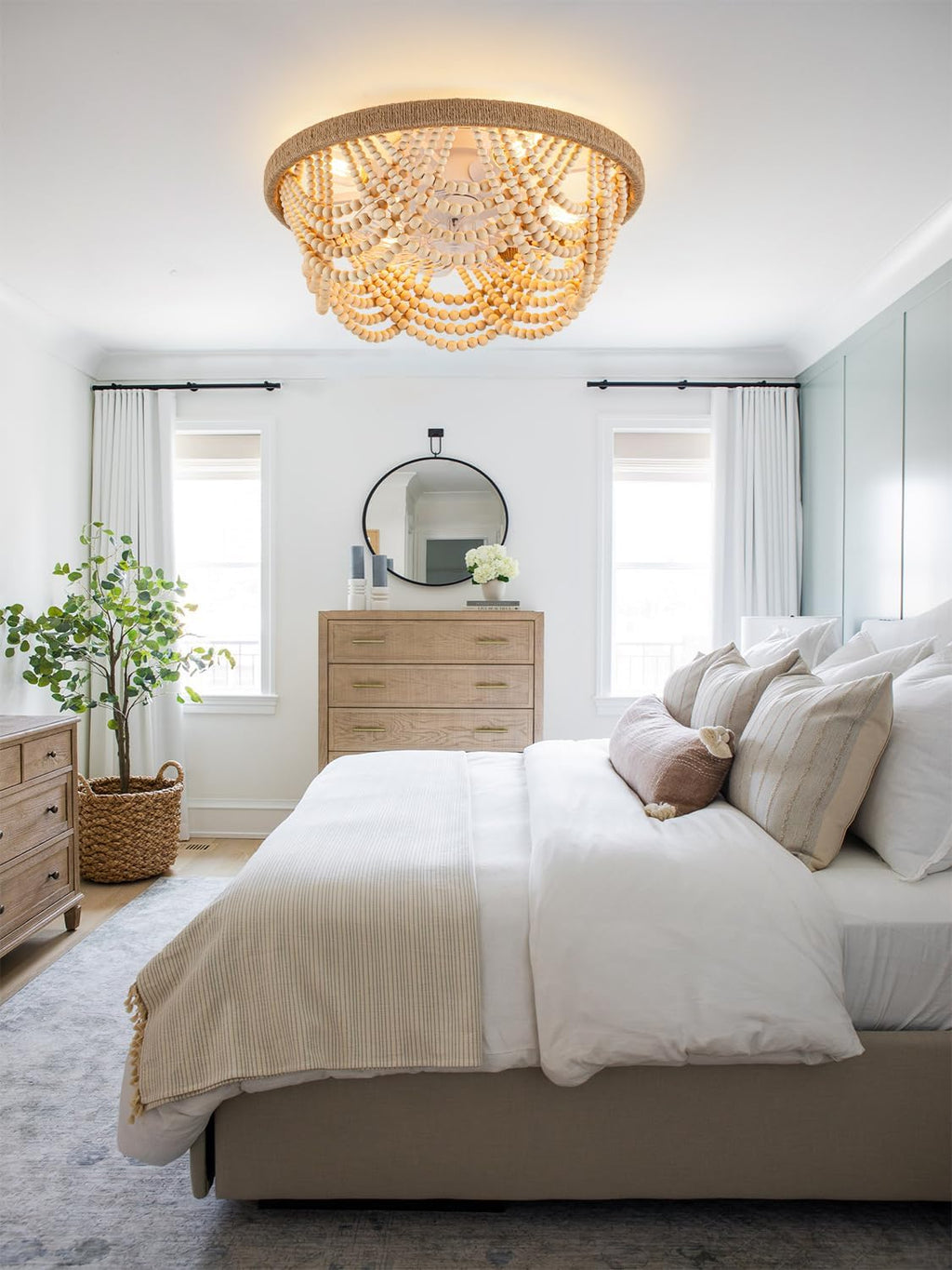 20' Boho Ceiling Fan with Light, Wood Beaded Flush Mount Ceiling Fans with 6 Speeds 3 Timing, Bohemian Caged Ceiling Fan for Living Room Kitchen Bedroom Nursery