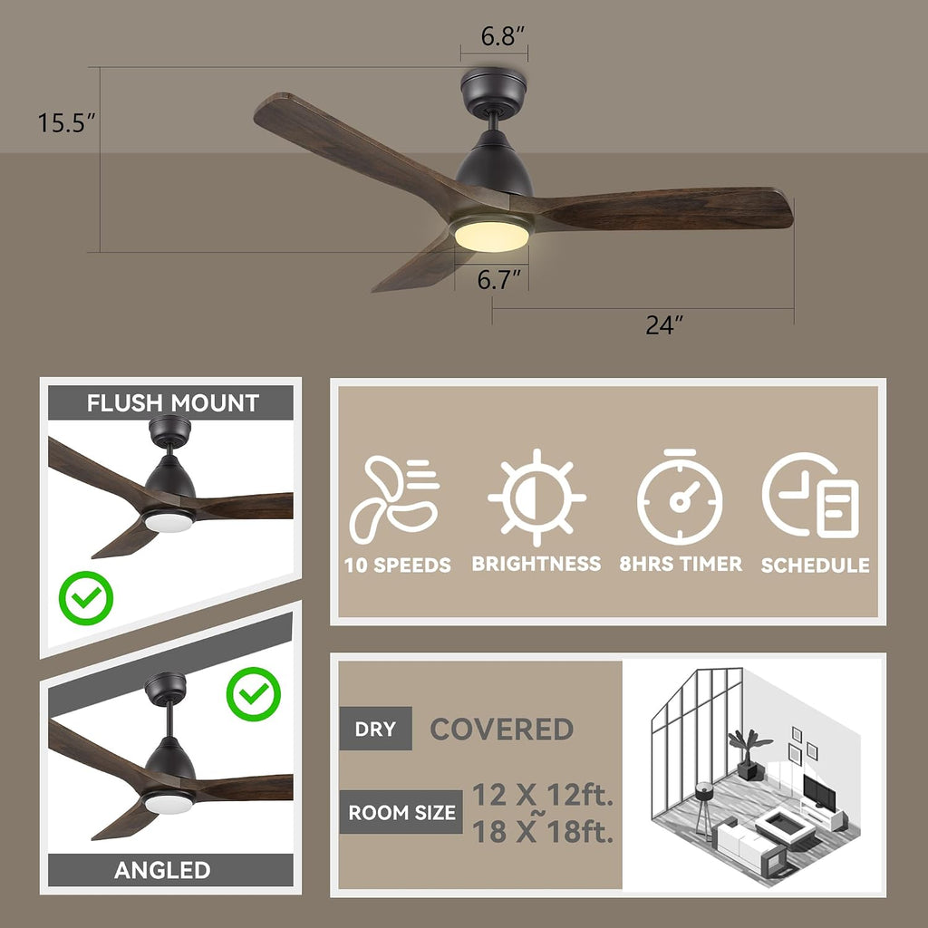 SMAAIR 48' Smart Ceiling Fan with Lights and Remote,Low Profile Modern Ceiling Fan,3 Solid Wood Blades,Works with Siri/Alexa/Google Assistant,10 Speed DC Motor,Dimmable,Indoor Use,Brown Walnut