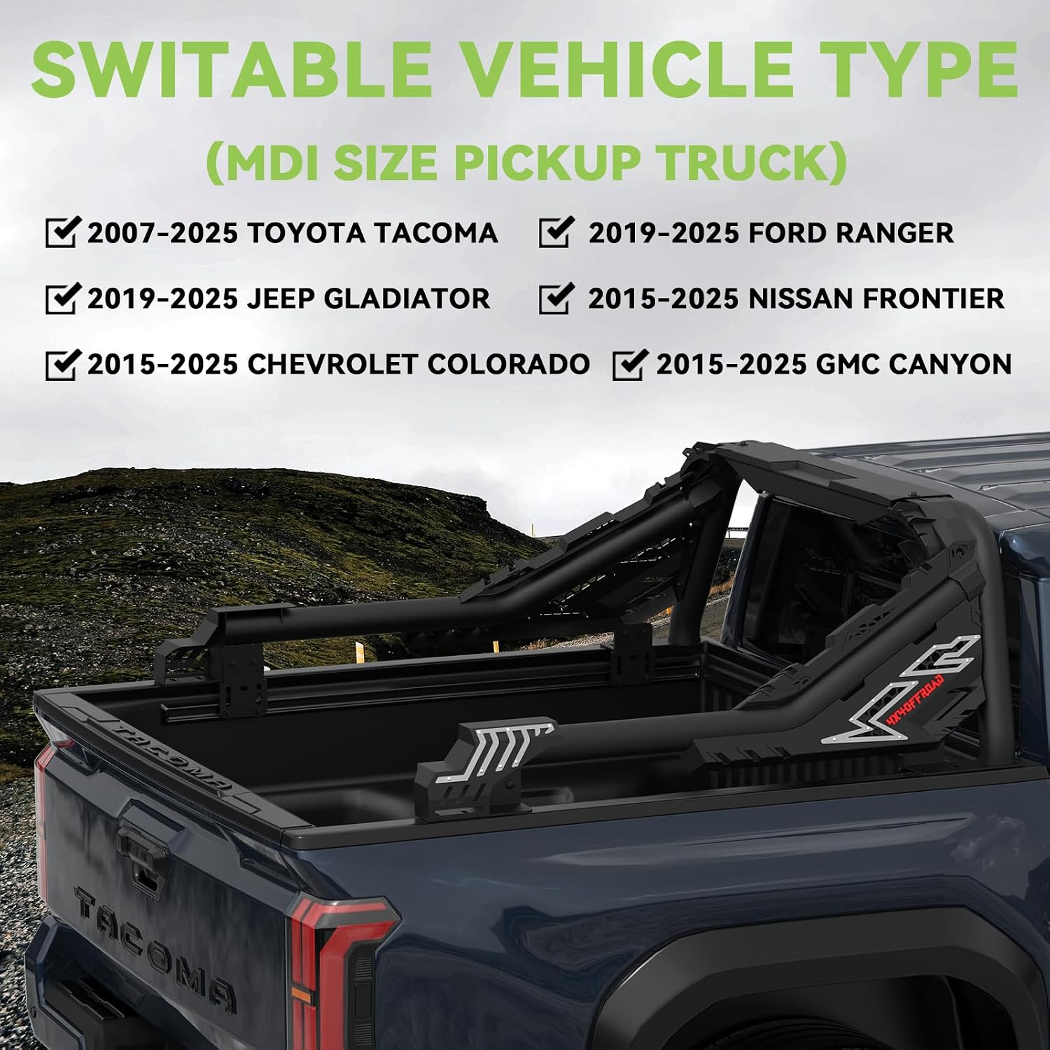 Heavy-Duty Roll Bar Compatible With Retractable Tonneau Covers With Rails | For Mid-Size Trucks Tacoma, Ranger, Colorado, Canyon, Frontier | Three installation methods No Drilling Installation