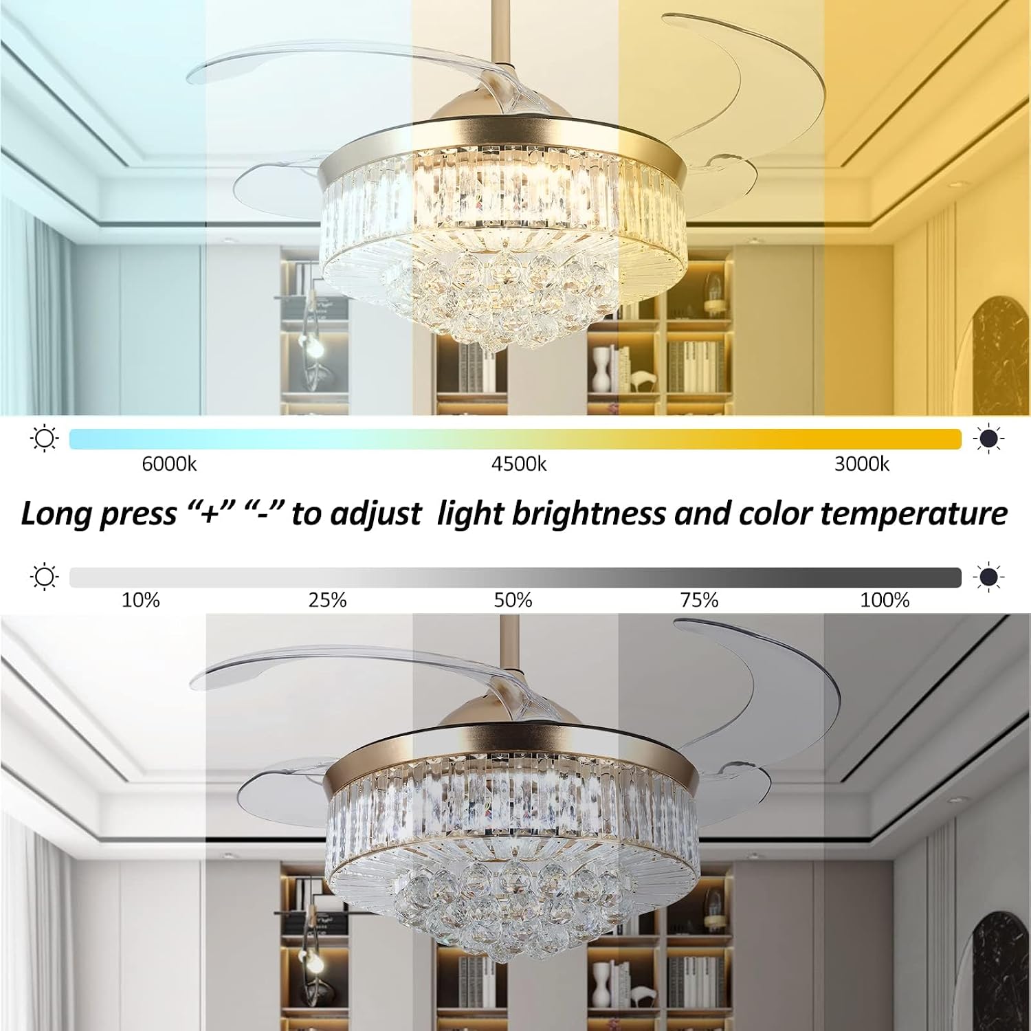 42in Crystal Ceiling Fan with Remote, Gold Fandelier Ceiling Fan with Light, 3 Speeds 3 Colors Changes Lighting Fixture, 4 Blades Retractable Chandelier Fan for Bedroom Living Room Dining Room