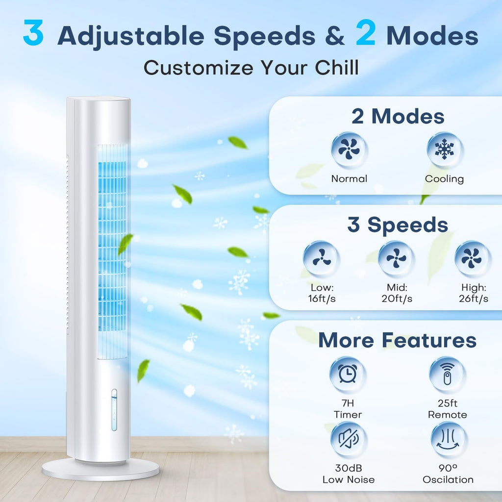 Evaporative Air Cooler, 35' Windowless Air Conditioner Portable, 3 Speeds, 1.2L Water Tank, 3 Ice Packs, 20ft Remote, 7H Timer, No Hose No Window Needed,70° Oscillating Portable AC Unit for Room