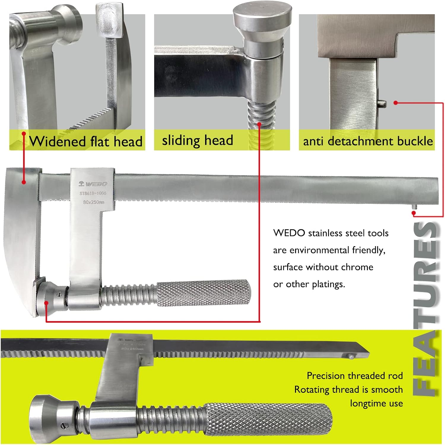 WEDO Bar Clamp, Stainless Steel F Clamp, Deep throat 3', Max jaw opening 16', Heavy Duty Bar Clamp for Welding Woodworking, Metal working, DIY and Crafts