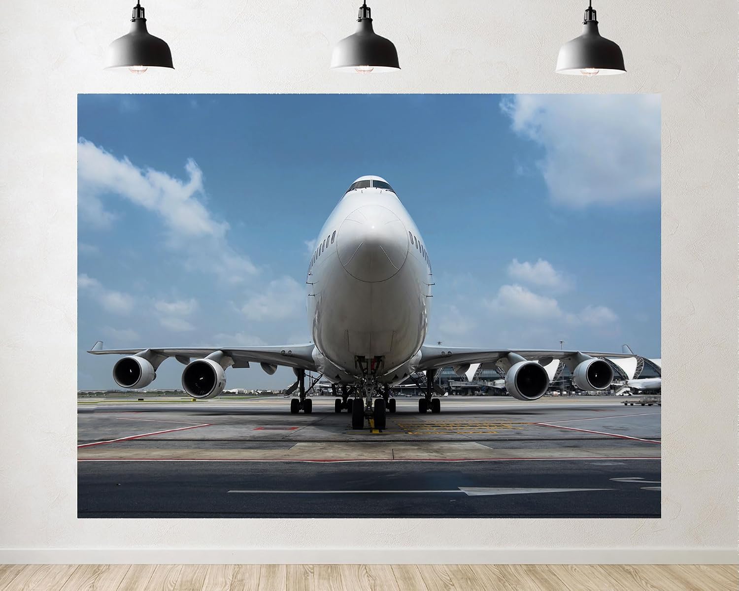 Trykid 20x10ft Commercial Jet Airplane Airport Tarmac Clear Sky Backdrop Modern Aviation Concept Photography Background Farewell Gathering Corporate Party Decoration Photo Booth Prop Fabric