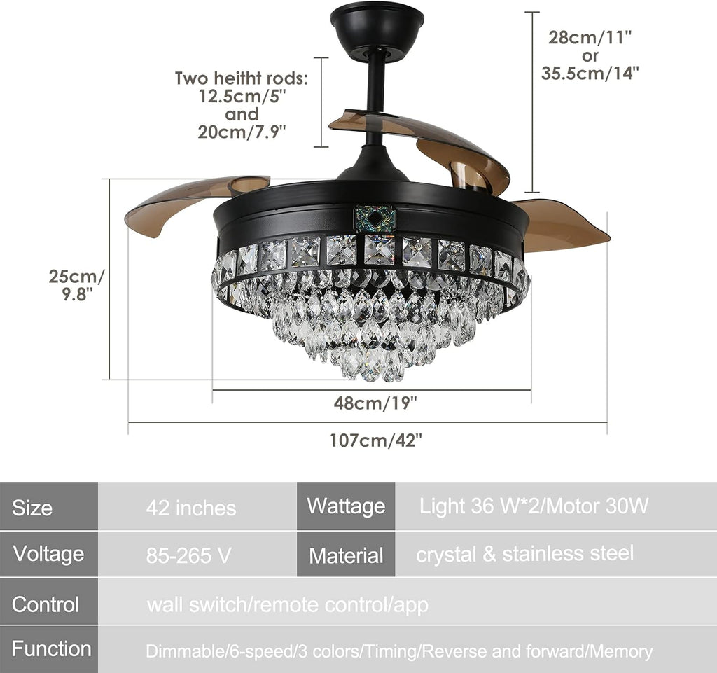 42' Black Crystal Ceiling Fan with Lights, Modern Dimmable Fandelier with Remote, LED Retractable Blades 3-Color with Memory Invisible Crystal Chandelier Fan for Living Room Dining Room