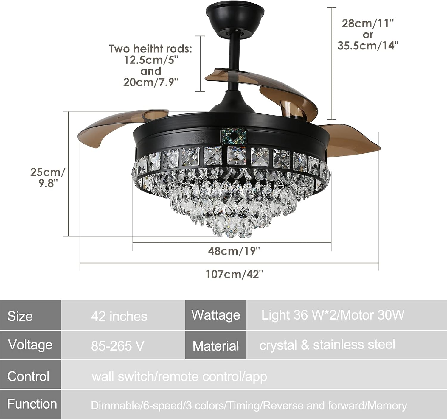 42' Black Crystal Ceiling Fan with Lights, Modern Dimmable Fandelier with Remote, LED Retractable Blades 3-Color with Memory Invisible Crystal Chandelier Fan for Living Room Dining Room