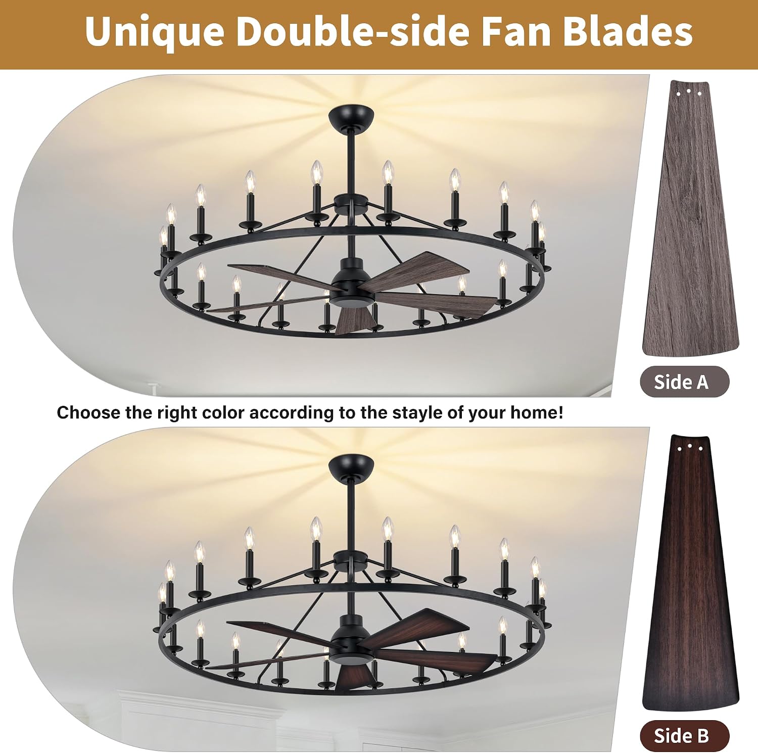 COCOSTAR 50' Black Wagon Wheel Chandelier with Fans, Farmhouse Ceiling Fan with 20-Lights and Remote, Adjustable Height, Rustic Large Fandelier for Living Room, 6-Speed Reversible Big Fandelier