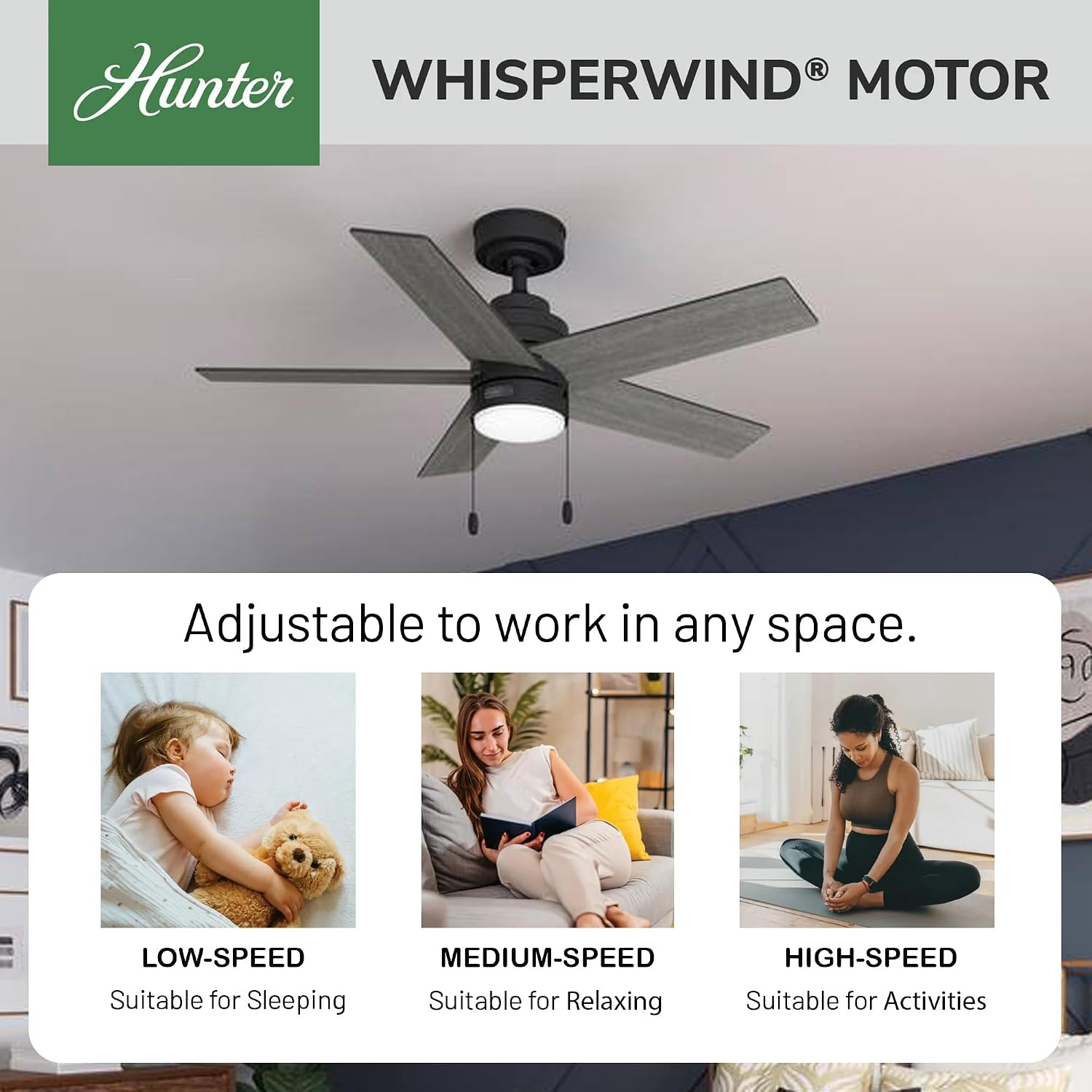 Hunter Fan 44 inch Matte Black Indoor Ceiling Fan with Light and Pull Chain for Bedroom, Living Room, Office, Basement, Kitchen, CC5C26C30 (Renewed)