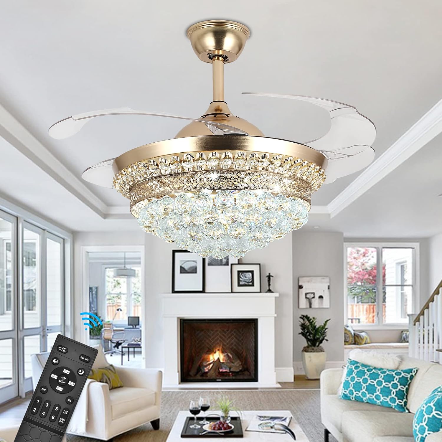 42' Invisible Ceiling Fan Chandelier with Light,Modern Crystal Ceiling Fan Light Remote Control 4 Retractable ABS Blades for Bedroom Living Dining Room Decoration (Golden)
